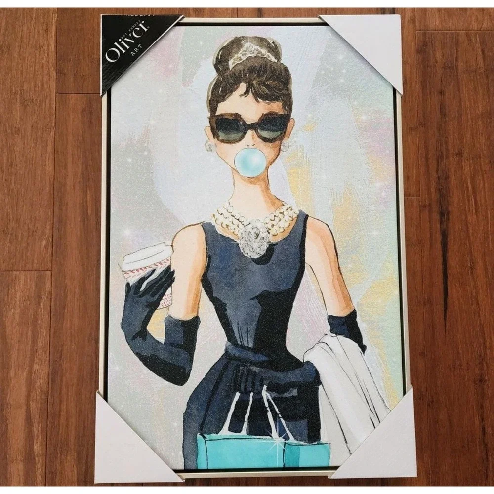 Oliver Art Audrey Hepburn Framed Canvas Wall Art Glitter Bubblegum 16x24 New